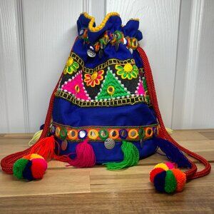 Boho Festival Crossbody Bag – Bright Embroidered Mirror Work with Tassels & Pom-